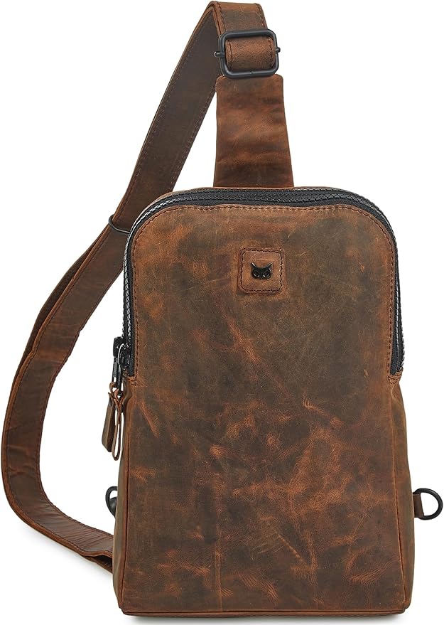 Leather Sling Bag for Women Genuine Crossbody Purse Small Trendy Cross Over Chest with Phone and Credit Card Slots (Cognac Crazy Horse)