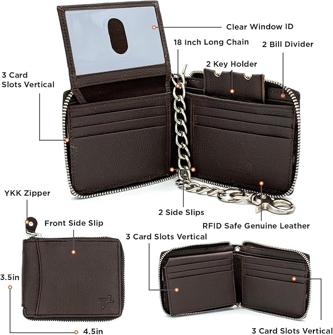 RFID Safe Leather Bi-fold Chain Wallet for Men Zip around Purse for Women Biker's Trucker YKK Metal Zipper Closure Filp up window ID (Brown with Chain)