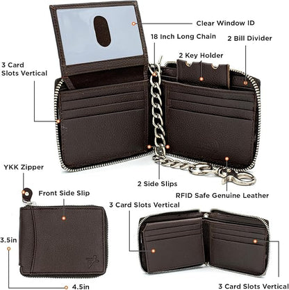 RFID Safe Leather Bi-fold Chain Wallet for Men Zip around Purse for Women Biker's Trucker YKK Metal Zipper Closure Filp up window ID (Brown with Chain)