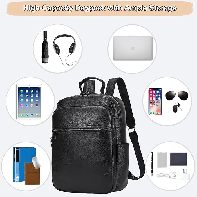 Genuine Leather 15.6 Inch Laptop Backpack for Men & Women, Business Commute Bag Daypack with Multi-Pockets for Travel Outdoor