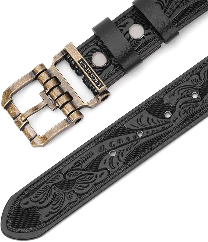 BISON DENIM Men's Genuine Leather Casual Belt, Classic Western Cowboy Dress Belts