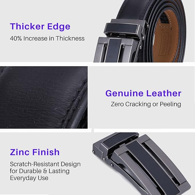 Marino Avenue Ratchet Belt for Men. Adjustable Leather Dress Belt with 38 Easy to Click Into Place Ratchet Closures.