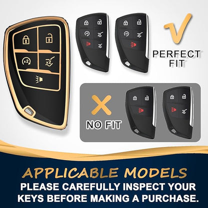 QBUC for Chevy Key Fob Cover with Keychain Soft TPU Protection Case Compatible with 2021-2026 Chevy Equinox Blazer Tahoe Suburban GMC Yukon Denali Silverado 5-Buttons(Gold Trim Black)
