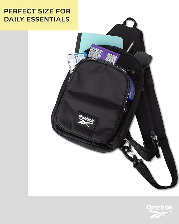 Reebok Unisex Crossbody Sling Bags – Compact Convertible Strap Cross Body Bag Travel Sling Bag - Gym & Travel Essential, Cosmos Black With White Logo