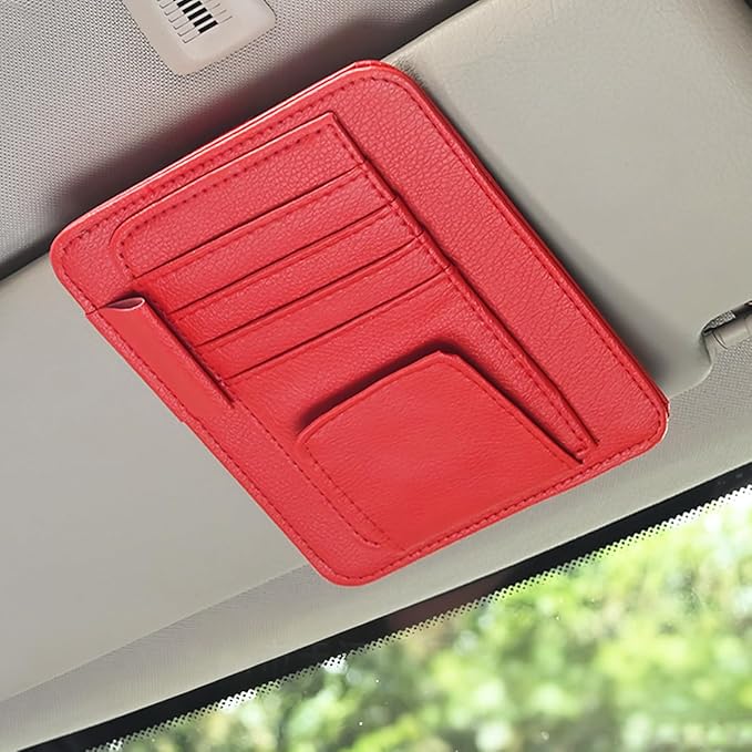 Car Sun Visor Organizer, PU Leather Vehicle Visor Document Storage Pocket for Sunglass Card Pen, Multifunctional Automotive Interior Holder Accessories, Universal Fit (Red)