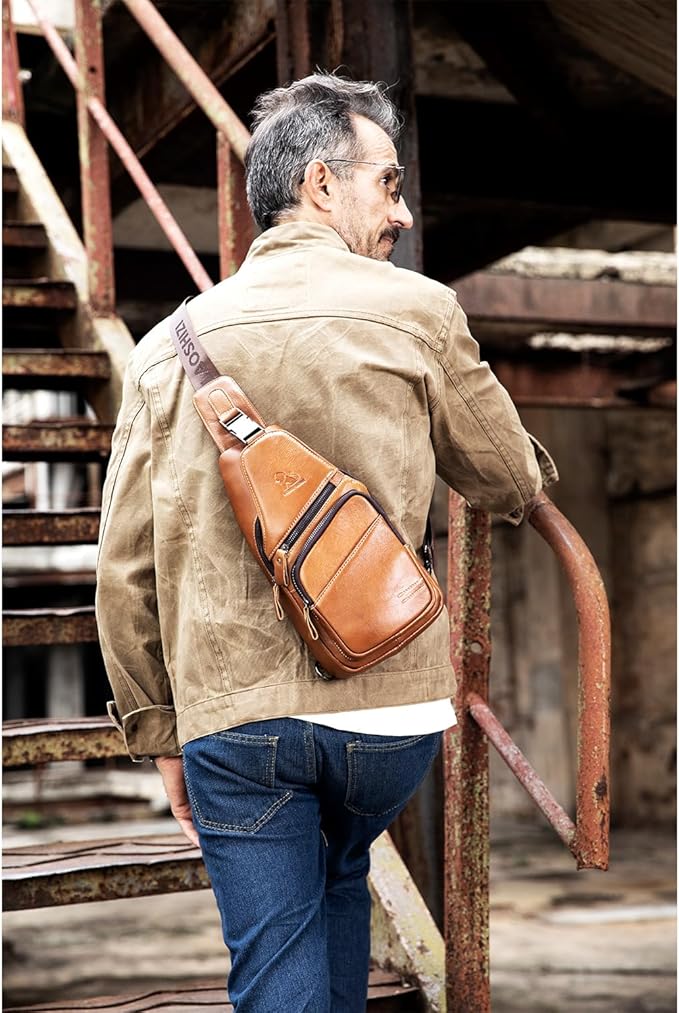 pundarika Leather Sling Bag for Men - Crossbody, Casual Shoulder Bag. Multi-Functional Chest Bag, Travel & Hiking Backpack - Brown