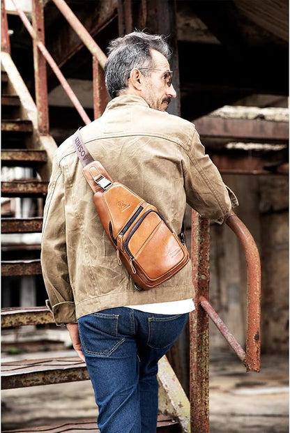 pundarika Leather Sling Bag for Men - Crossbody, Casual Shoulder Bag. Multi-Functional Chest Bag, Travel & Hiking Backpack - Brown