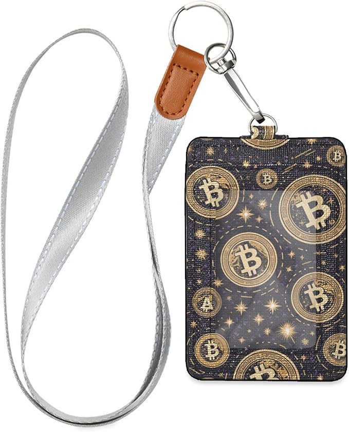 Badge Holder, Bitcoins Logos PU Leather School College Business ID Badge Card Holder Wallet Case with 1 Clear Window, 2 Credit Card Slots and Detachable Neck Lanyard - Vertical
