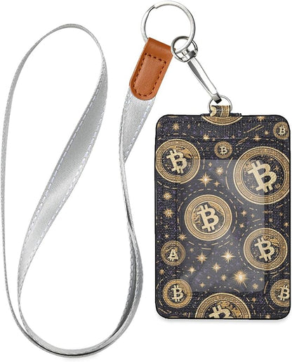 Badge Holder, Bitcoins Logos PU Leather School College Business ID Badge Card Holder Wallet Case with 1 Clear Window, 2 Credit Card Slots and Detachable Neck Lanyard - Vertical