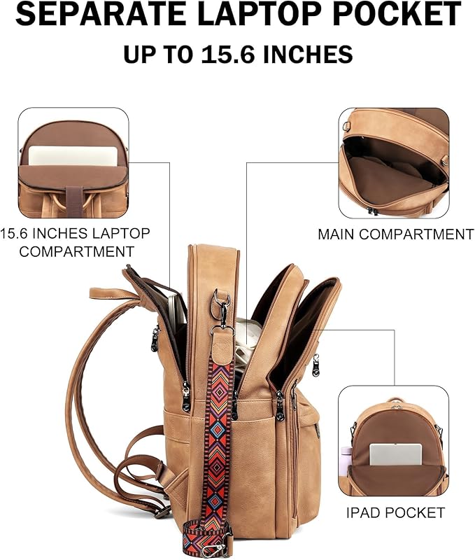 FADEON 15.6 inch Laptop Backpack Purse for Women Designer PU Leather Computer Backpacks Fashion for Work Travel Camel Brown