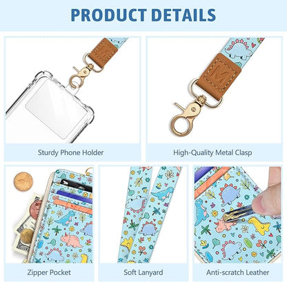 Dinosaur Lanyard Wallet with ID Badge Holder, Cute Floral Small RFID Wallet Women Keychain Wristlet, Slim Credit Card Holder with Zipper Pocket Phone Lanyard Wrist Strap Name Tag Office Teacher Gift