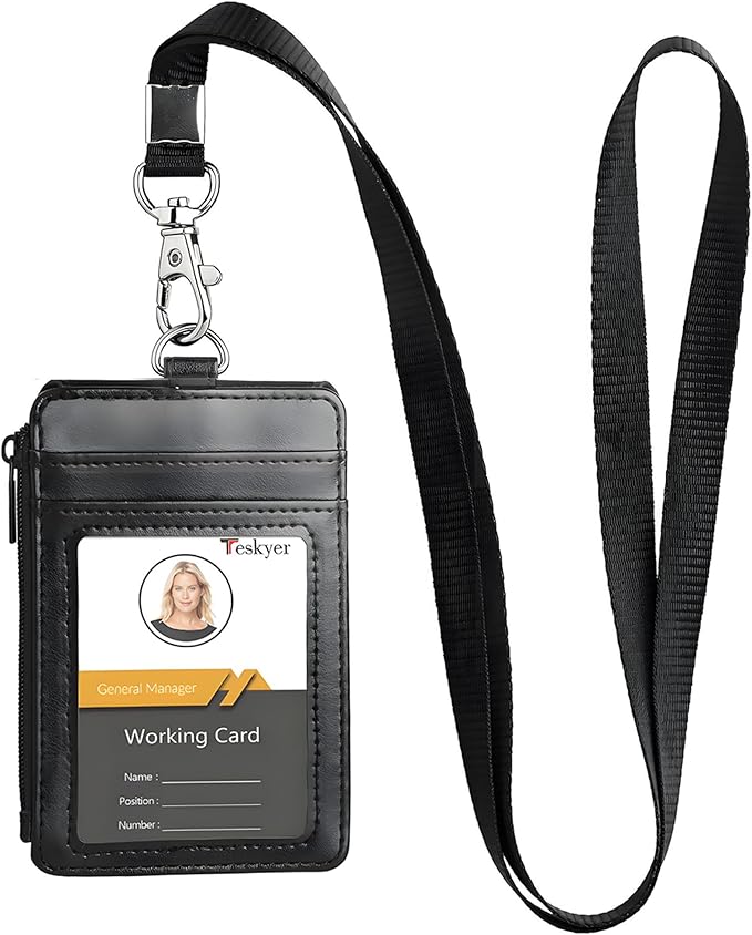 Teskyer ID Badge Holder with Lanyard, 1 Zip Pocket and 4 Card Slots, Lanyard ID Card Holder Wallet for Office School Work Badges, Cruise Ship Cards, Pass Cards - Black