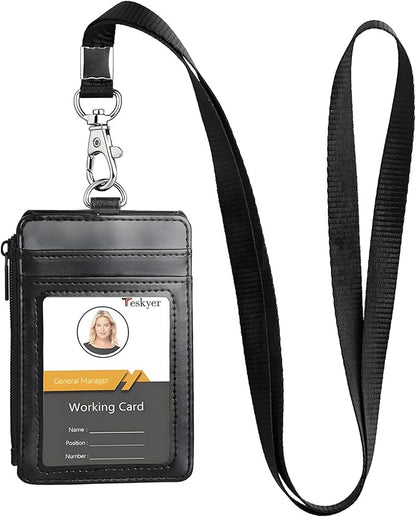 Teskyer ID Badge Holder with Lanyard, 1 Zip Pocket and 4 Card Slots, Lanyard ID Card Holder Wallet for Office School Work Badges, Cruise Ship Cards, Pass Cards - Black