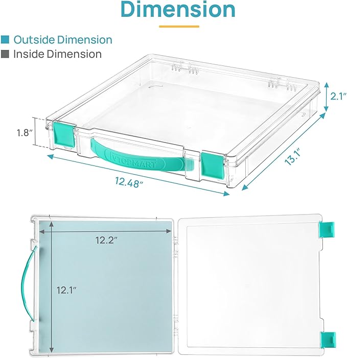 Vtopmart 2 Pack Board Game Storage with Handle and Snap-Tight Latch Lid, Craft Organizer Box Fit 12" x 12" Papers, Stackable Clear Storage Box for Art Supply Storage, Paper Storage, Puzzle Storage
