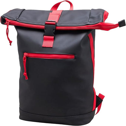 X RAY Roll Top Laptop Backpack for Men Women, PU Leather Expandable Roll Up Backpack Capacity Adjustable 22L & Fits 15.6" Laptop, Black/Red