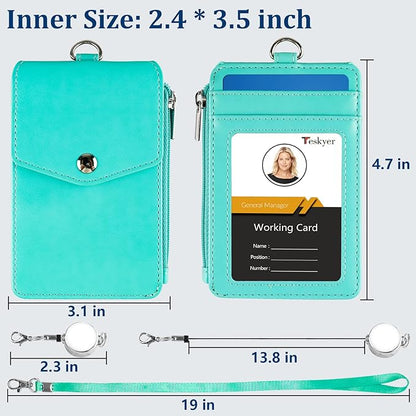 Teskyer Leather Badge Holder with Lanyard and Retractable Badge Reel, 4 Card Slots ID Card Holder with 1 Zipper Pocket for Office School Name Work IDs, Green
