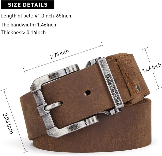 BISON DENIM Men's Belts Leather Dress Genuine Leather Classic Heavy Duty Buckle Belt Casual for Jeans