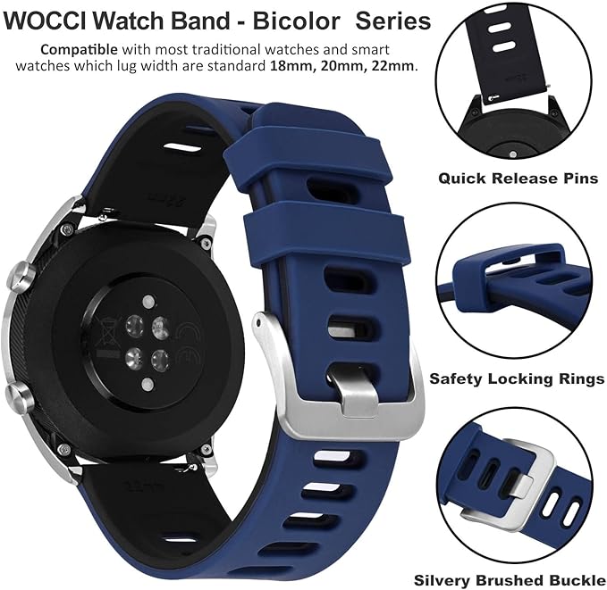 WOCCI 20mm Bicolor Watch Band, Silicone Rubber, Quick Release Replacement Strap for Men and Women, Silver Stainless Steel Buckle (Blue-Black)