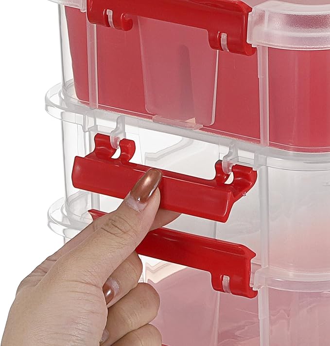 JUXYES 4-Tiers Stack Carry Storage Box With 2 Divided Tray, Transparent Stackable Storage Bin With Handle Lid Latching Storage Container for School & Office Supplies, Red