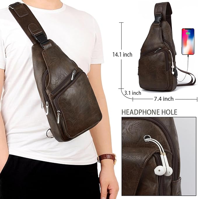 Seoky Rop Men's Vintage Leather Sling Bag Shoulder Crossbody Bag with USB Charge Port Casual Pack Dark Brown