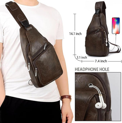 Seoky Rop Men's Vintage Leather Sling Bag Shoulder Crossbody Bag with USB Charge Port Casual Pack Dark Brown