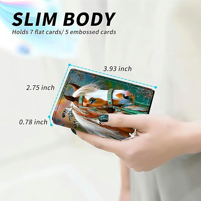 Minimalist Wallet for Men's Card Holders, Pop-Up Card Case Durable Wallets for Women, Leather Automatic Credit Card Holder with Metal Money Clip RFID Blocking Bifold Pocket, Feathered Horse