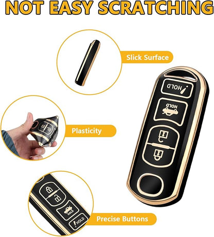 FT FUNTOR for Mazda Key Fob Cover,4 Buttons TPU Key Cover with Golden Edge,Compatible with Mazda 3 6 8 CX-3 CX-5 CX-7 CX-9 Atenza Miata MX-5 with Keychain (A-Black)