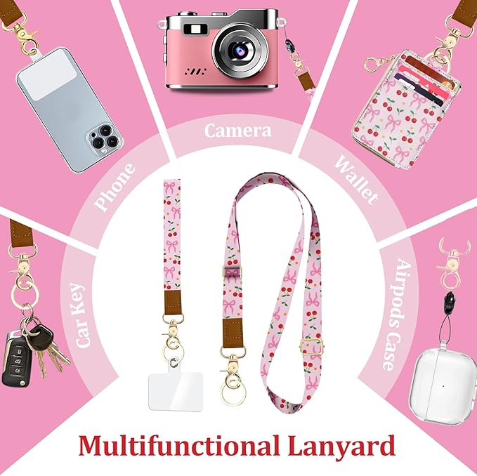 Lanyards for ID Badges, PU Leather Lanyard Wallet, RFID Blocking, ID Badge Holder with Zipper Pocket Detachable Phone Lanyard Keychain Wristlet for Teacher Nurse Office- Bow Cherry