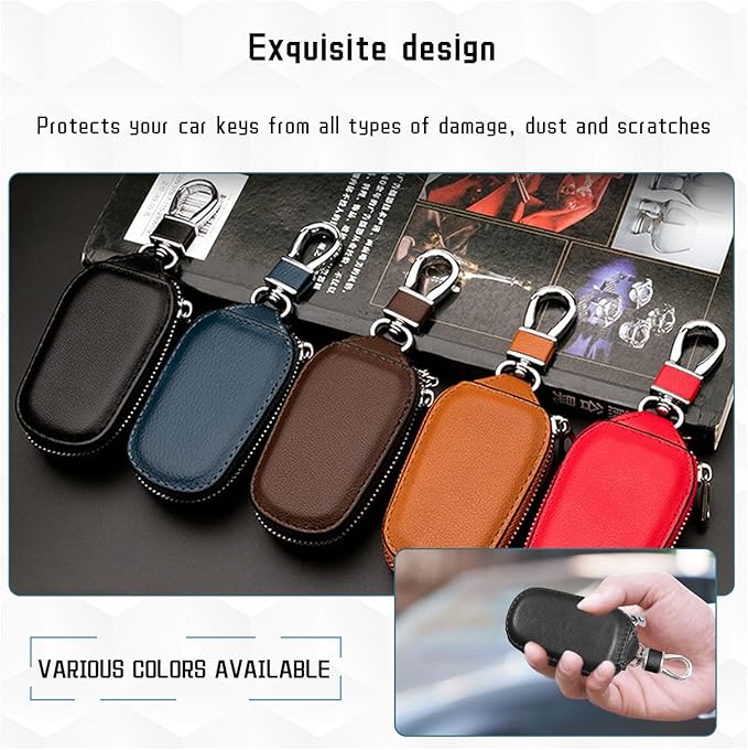 Car Key Case, Genuine Leather Auto Key Fob Cover Case, Key Fob Protector with Metal Hook, Car Smart Keychain Holder (Black)