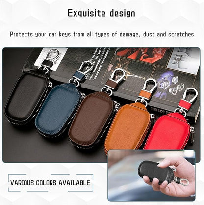 Car Key Case, Genuine Leather Auto Key Fob Cover Case, Key Fob Protector with Metal Hook, Car Smart Keychain Holder (Black)