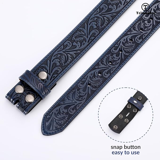 TRIWORKS Western Belt Strap for Men without Buckle 1.5" Wide Floral Engraved Embossed Leather Belt Strap