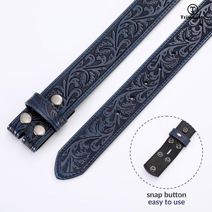 TRIWORKS Western Belt Strap for Men without Buckle 1.5" Wide Floral Engraved Embossed Leather Belt Strap