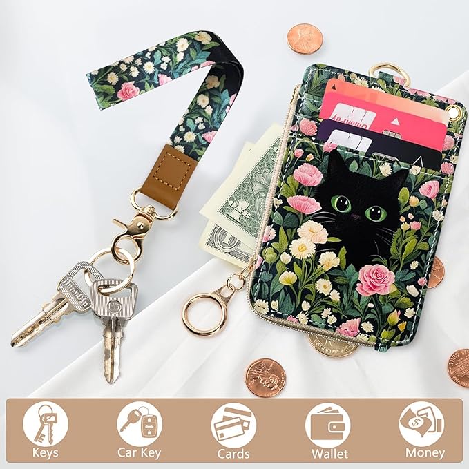2-in-1 ID Badge Holder & Lanyard Wallet Cute Women Leather Zip ID Case Wallet with Breakaway Wrist Neck Lanyard, Clear Window, 5 Card Slots, Ring Keychain for Worker Teacher Floral Halloween Black Cat