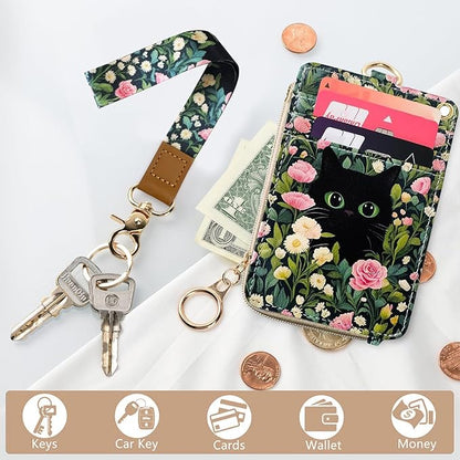 2-in-1 ID Badge Holder & Lanyard Wallet Cute Women Leather Zip ID Case Wallet with Breakaway Wrist Neck Lanyard, Clear Window, 5 Card Slots, Ring Keychain for Worker Teacher Floral Halloween Black Cat