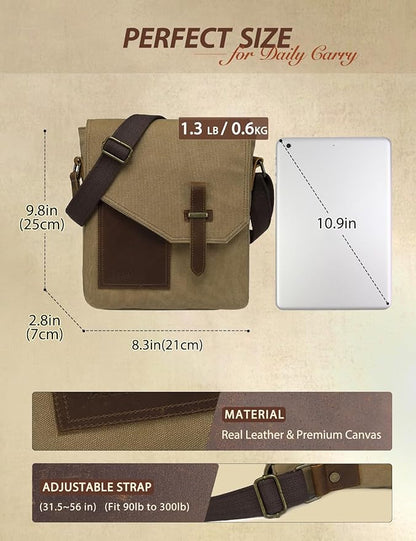 VASCHY Small Messenger Bag, Vintage Canvas Leather Lightweight Crossbody Bag