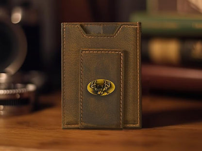 ZEP-PRO Buck Vintage Tan Leather Magnetic Front Pocket Wallet, Slim Stylish for Men
