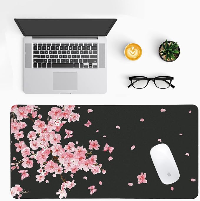 Pink Cherry Blossoms Desk Mat, Classic PU Leather Desk Pad for Women - Large Non-Slip Office Mat for an Elegant Gaming & Home Workspace（27.56 * 13.78in）