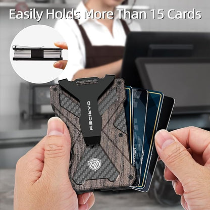 Minimalist Wallet for Men- Slim Aluminum Metal Money Clip Wallet with Clear ID Card Holder, Carbon Fiber Wallet, RFID Blocking,Holds up 15 Cards with Cash Clip,Ultra-Thin Tactical Wallet - Walnut Wood