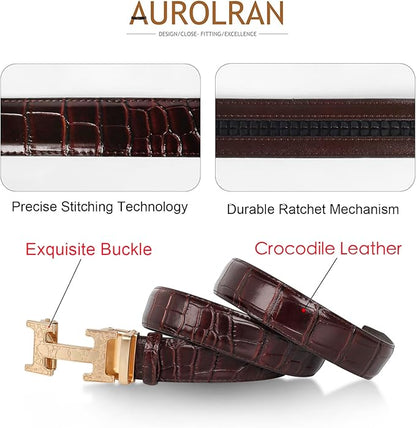 Aurolran Men&Womens Leather Dress Belt Business Automatic Buckle Belt Color-Black Silver Gold
