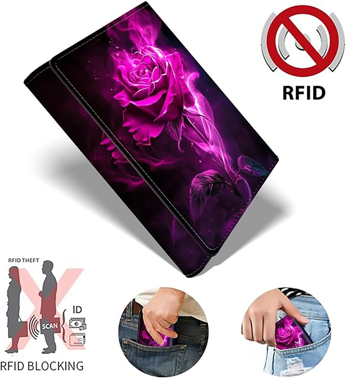Minimalist Wallet for Men's Card Holders, Pop-Up Card Case Durable Wallets for Women, Leather Automatic Credit Card Holder with Metal Money Clip RFID Blocking Bifold Pocket, Rose Red Flame