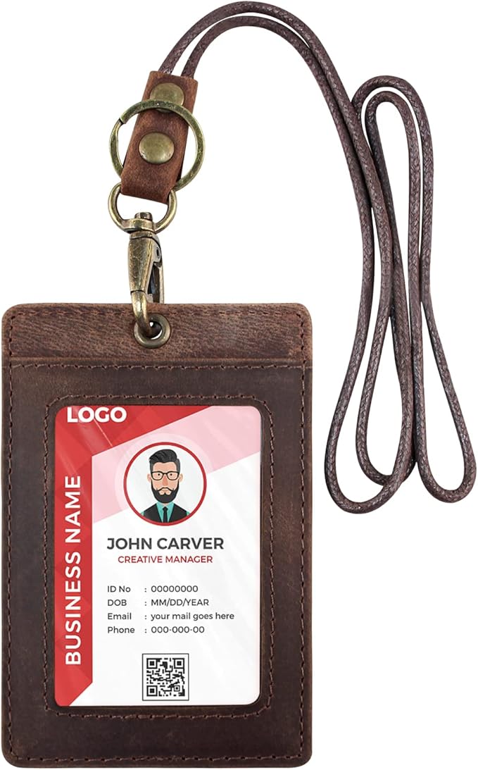 Boshiho Vertical Style Cowhide Leather ID Card Badge Holder with Heavy Duty Lanyard (Genuine Leather Dark Brown)