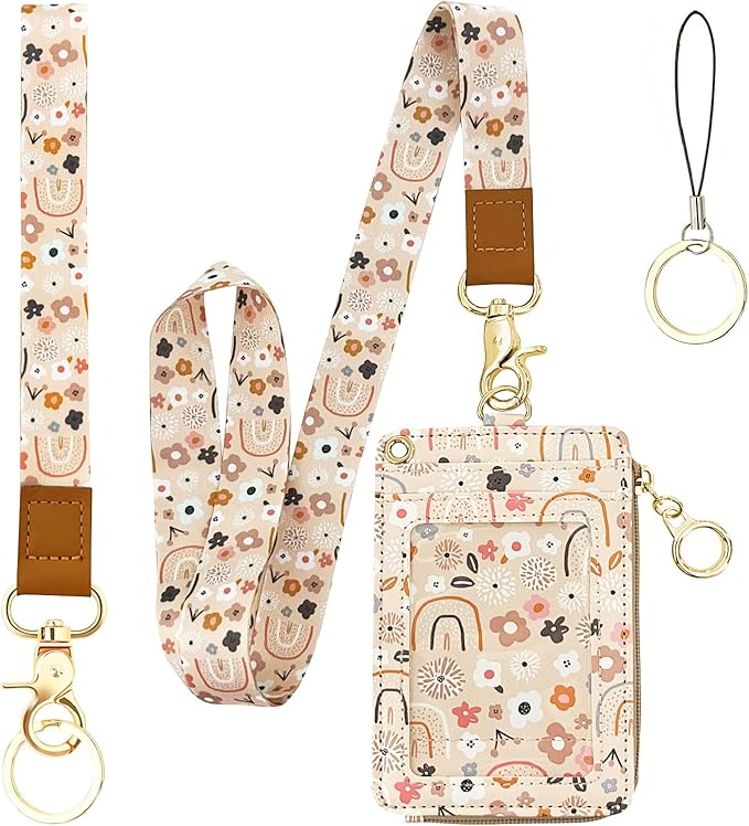 bolimoss Teacher Lanyards for ID Badges Holder and Keys Wallet,Cute Flowers Rainbow ID Lanyard Wallet for Women,ID Card Holders with Breakaway Neck & Wrist Lanyards for Work Nurse Teacher Student