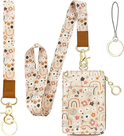 bolimoss Teacher Lanyards for ID Badges Holder and Keys Wallet,Cute Flowers Rainbow ID Lanyard Wallet for Women,ID Card Holders with Breakaway Neck & Wrist Lanyards for Work Nurse Teacher Student