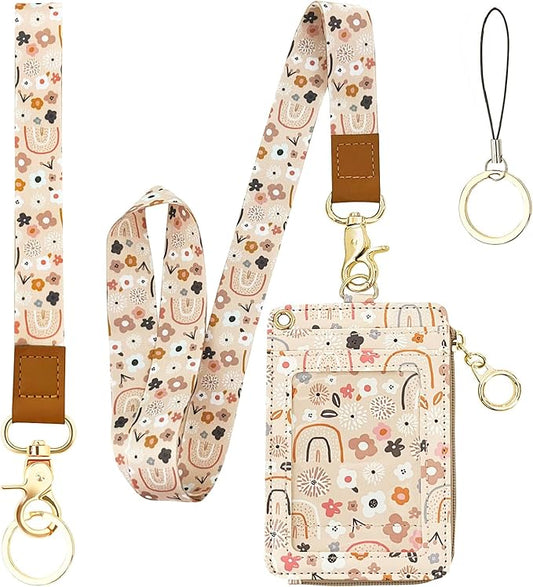 bolimoss Teacher Lanyards for ID Badges Holder and Keys Wallet,Cute Flowers Rainbow ID Lanyard Wallet for Women,ID Card Holders with Breakaway Neck & Wrist Lanyards for Work Nurse Teacher Student