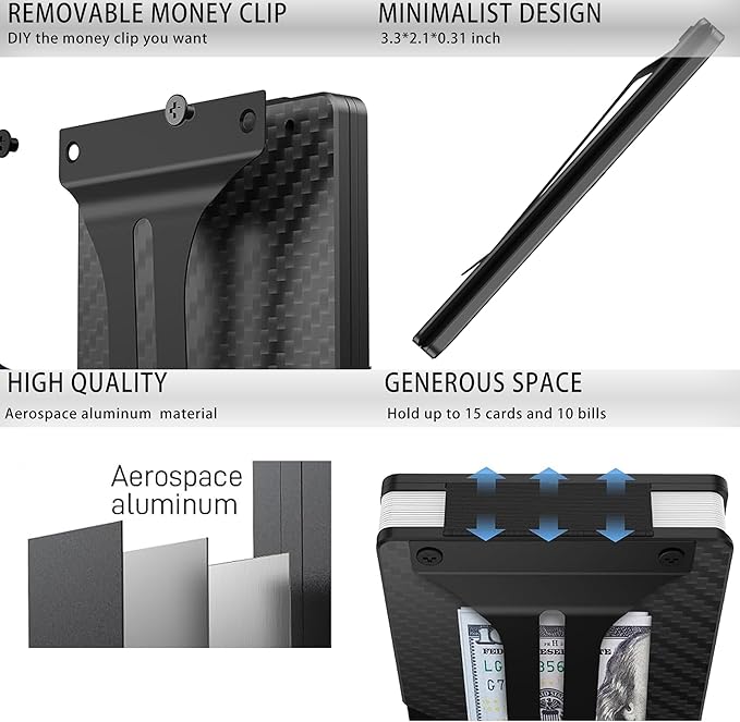 Carbon Fiber Slim Wallet for Men,RFID Blocking Minimalist Metal Wallet, Money Clip/Cash Holder, Front Pocket Aluminum Credit Card Holder, Ideal Gift for Men-Carbon Fiber