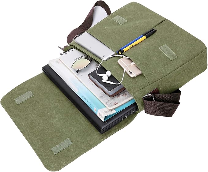 Mactso Vintage Canvas Messenger Bag for Men Women, 13.5 Inch Laptop Satchel Shoulder Bag with Multiple Pockets, Crossbody Bag for Work Travel College (Army green)