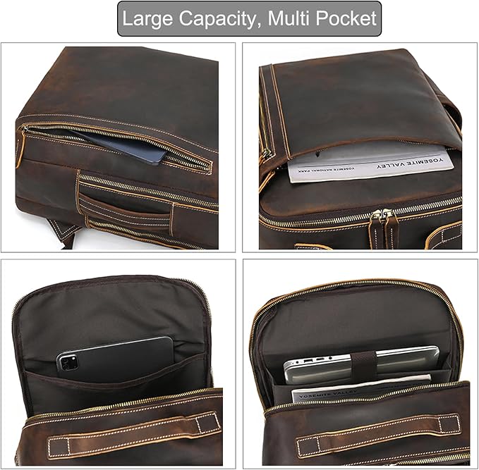 LUUFAN Genuine Leather Shoulder Bag for Men, Casual Backpack Laptop Rucksack Business Daypack Travel Outdoor Bag, Brown