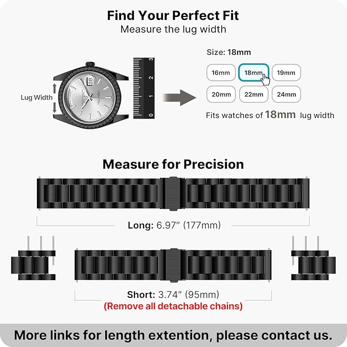 Fullmosa 18mm Stainless Steel Watch Band, Quick Release Metal Replacement Strap with Removable Links, Includes Spring Bars & Link Removal Tool for Men Women (Black)