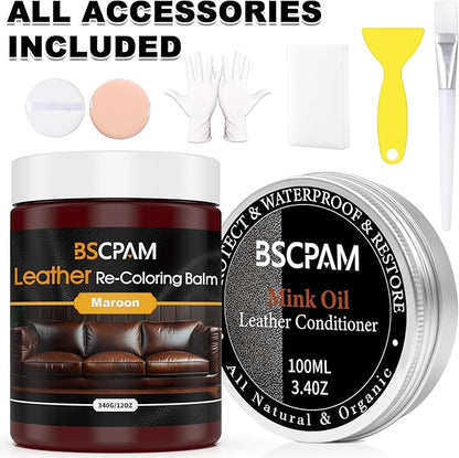12oz Leather Recoloring Balm & 3.4oz Mink Oil Leather Conditioner kit,Maroon Leather Color Repair Kits for Couches, Leather Couch Paint Scratch Repair for Furniture Car Sofa Shoes Leather Dye