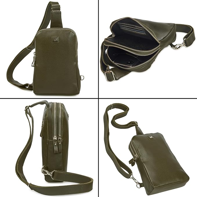 Leather Sling Bag for Women Genuine Crossbody Purse Small Trendy Cross Over Chest with Phone and Credit Card Slots (Olive Nappa)